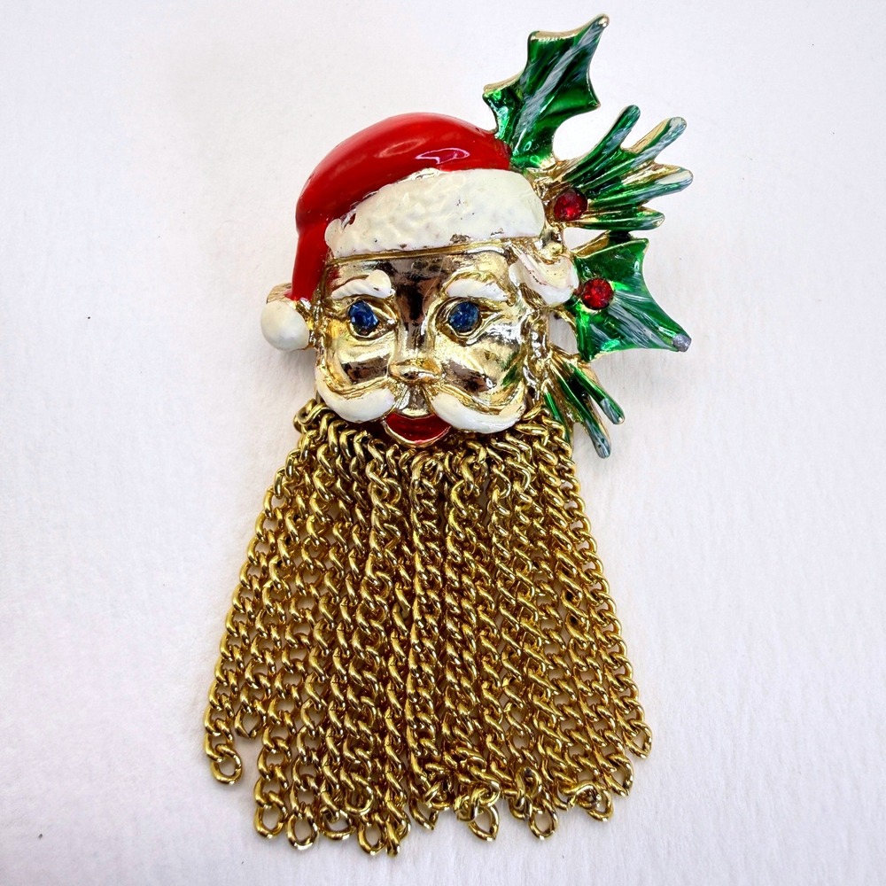 Vintage Santa Claus Brooch Gold Tone Chain Tassel Beard Enameled Holiday Pin